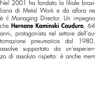 Nel 2001 ha fondato la filiale brasiliana di Metal Work e da allora ne  il Managing Director. Un impegno che Hernane...